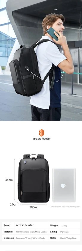 Nieuw ✨ Arctic Hunter Rugtas - Laptop Tas - 15,6 Inch - Waterafstotend - Usb Oplaadstation ???? 11 Nieuw ✨ Arctic Hunter Rugtas - Laptop Tas - 15,6 Inch - Waterafstotend - Usb Oplaadstation ???? - Afbeelding 9