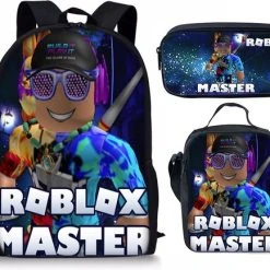 Uitgang ???? Gift Land® Roblox Rugzak- Kinder Rugtas En Pennen Etui Met Een Bijhorende Lunchtas - Blauw Schooltas - 16 Liter - 3 Ritsvakken ????