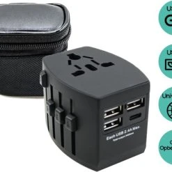Kopen ❤️ MUNDAY Wereldstekker Universeel - Geschikt Voor 150+ Landen - Met Opberghoesje - Met USB-A En USB C Ingangen - Reisstekker - Amerika - Engeland - Zwart ????
