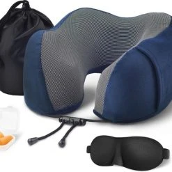 Hete verkoop ???? SUNMOOL Memory Foam Nekkussen Inclusief Slaapmasker & Oordopjes - Reiskussen - Vliegtuig Kussen - Travel Pillow : Blauw ❤️