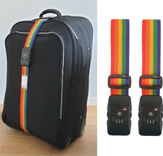 Beste Verkoop ❤️ SUNMOOL Kofferriem Met TSA Cijfer Slot - Bagage Riem - Luggage Strap - 200 Cm - Regenboog - 2 Stuks ???? 3 Beste Verkoop ❤️ SUNMOOL Kofferriem Met TSA Cijfer Slot - Bagage Riem - Luggage Strap - 200 Cm - Regenboog - 2 Stuks ????