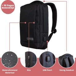 Korting ???? Ticaba Jones - Waterafstotende Laptop Rugzak Inclusief Usb Oplaadstation - 14 T/m 15,6 Inch - Rugtas Voor Dames En Heren - Zwart ❤️ -New Rebels shop 550x535 2