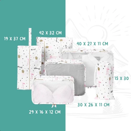 Goedkoopste ???? Qpacks - Funky Flamingo Packing Cubes Set 6-delig - Waterdicht - Patroon - Wit Print - Toilettas - Koffer Organiser - ???? Backpack ❤️ 4 Goedkoopste ???? Qpacks - Funky Flamingo Packing Cubes Set 6-delig - Waterdicht - Patroon - Wit Print - Toilettas - Koffer Organiser - ???? Backpack ❤️ - Afbeelding 2