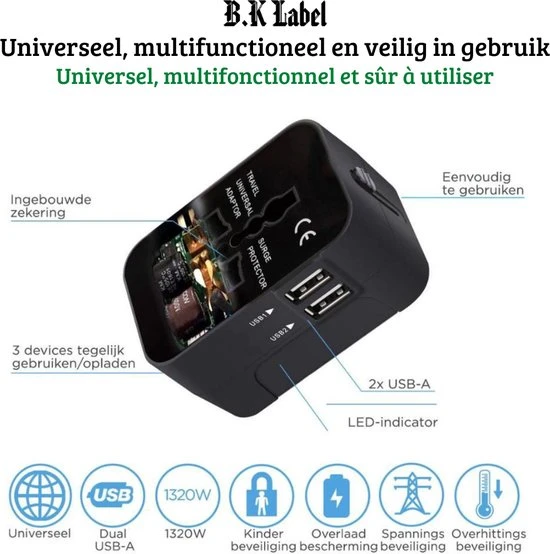 Flash-uitverkoop ???? B.K Label Universele Internationale Reisstekker - 2 Usb Poorten ???? 4 Flash-uitverkoop ???? B.K Label Universele Internationale Reisstekker - 2 Usb Poorten ???? - Afbeelding 2