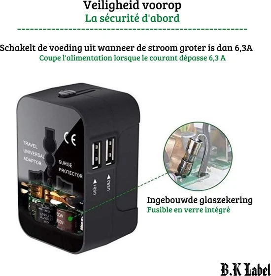 Flash-uitverkoop ???? B.K Label Universele Internationale Reisstekker - 2 Usb Poorten ???? 8 Flash-uitverkoop ???? B.K Label Universele Internationale Reisstekker - 2 Usb Poorten ???? - Afbeelding 6