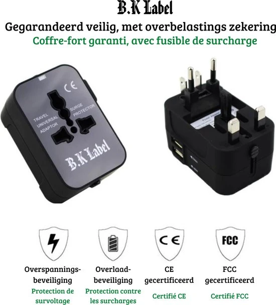 Flash-uitverkoop ???? B.K Label Universele Internationale Reisstekker - 2 Usb Poorten ???? 7 Flash-uitverkoop ???? B.K Label Universele Internationale Reisstekker - 2 Usb Poorten ???? - Afbeelding 5